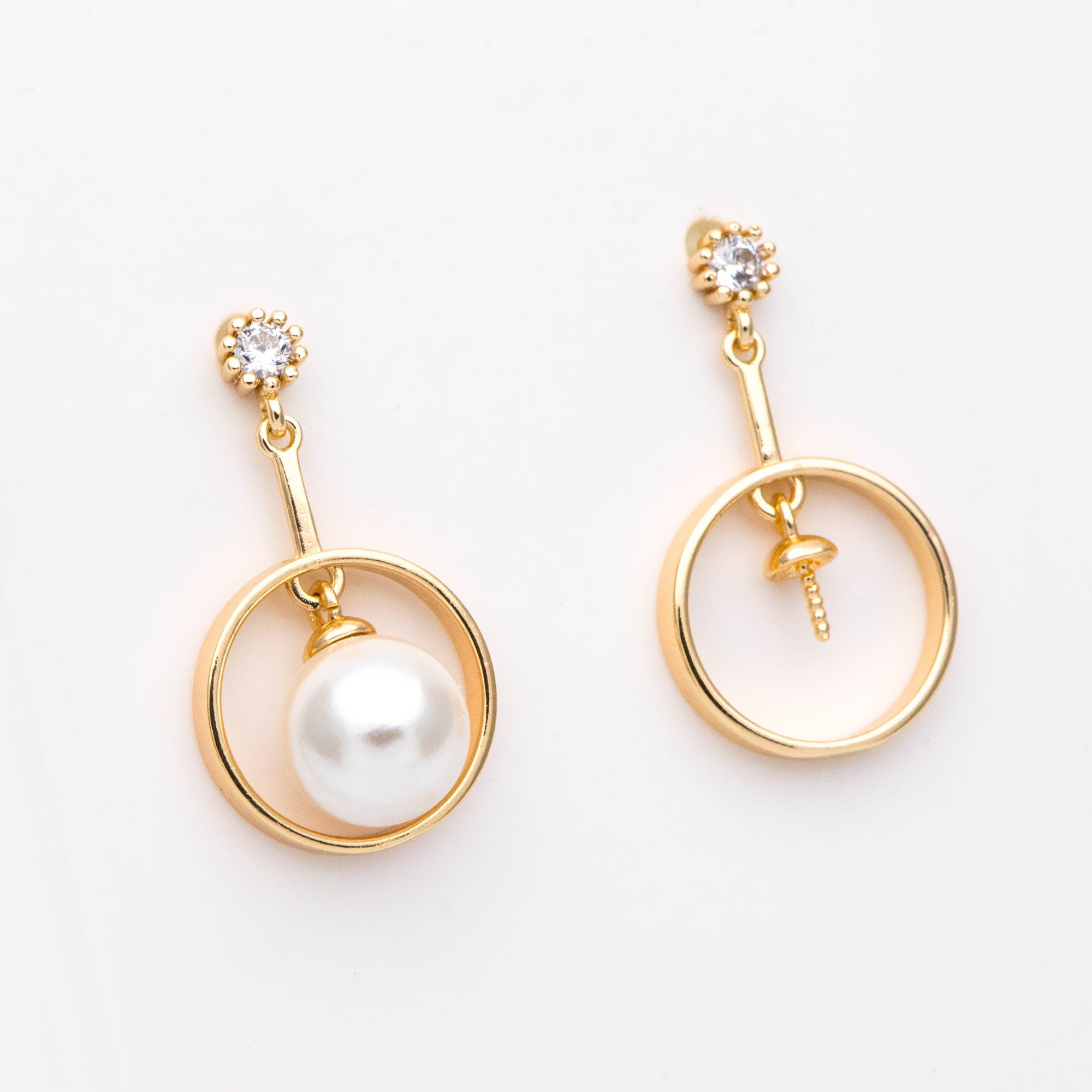4pcs CZ Pave Round Drop Earring, Pearl Earring Mounts, Half Drilled Pearls Earring Settings (#GB-2945)